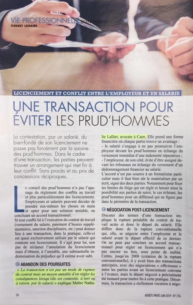 Une transaction pour éviter les prud’hommes